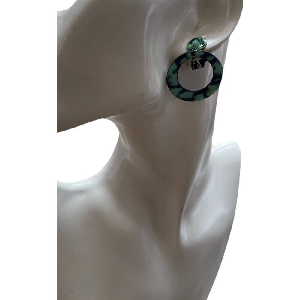Vintage Acrylic Hoop Women’s Earrings with Blend of Green Dangle Round Sz 1.5”